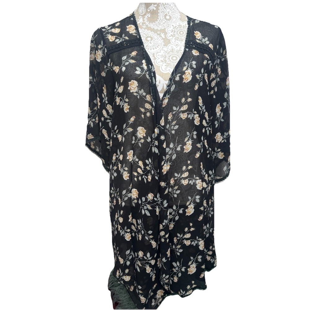 Emory Park Top Women 3X Black Floral Short Sleeve Open Front Casual Sheer Plus
